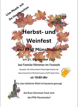 Banner Herbst- und Weinfest der FFW Münchsdorf mit Livemusik
