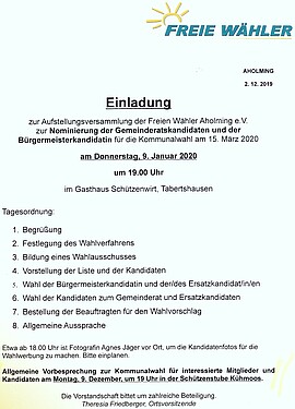 Banner FW Aholming - Nominierung der Gemeinderatskandidaten und Bürgermeisterkandidatin
